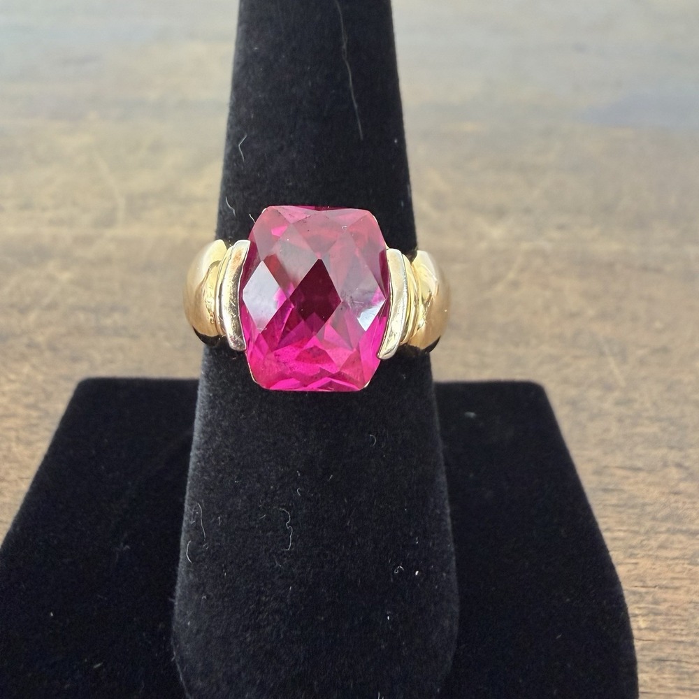 VTG Estate Sterling Silver 925 Ring Cushion Cut Synthetic Ruby Gold Toned Sz‎ 8